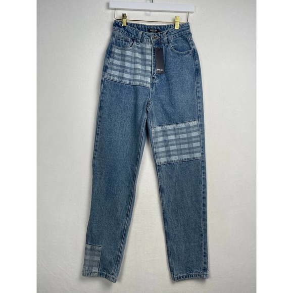 NWT Nasty Gal High Rise Check Patchwork Straight Leg Jeans w/ stretch,‎ Size 2 - Picture 1 of 12